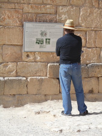 Charlie Magee reads information placard Knossos Palace, Crete