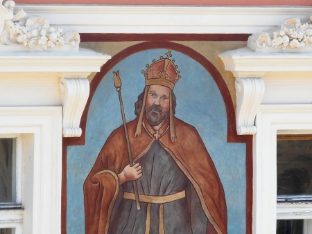 King Karel IV painting on Prague apartment building, closeup